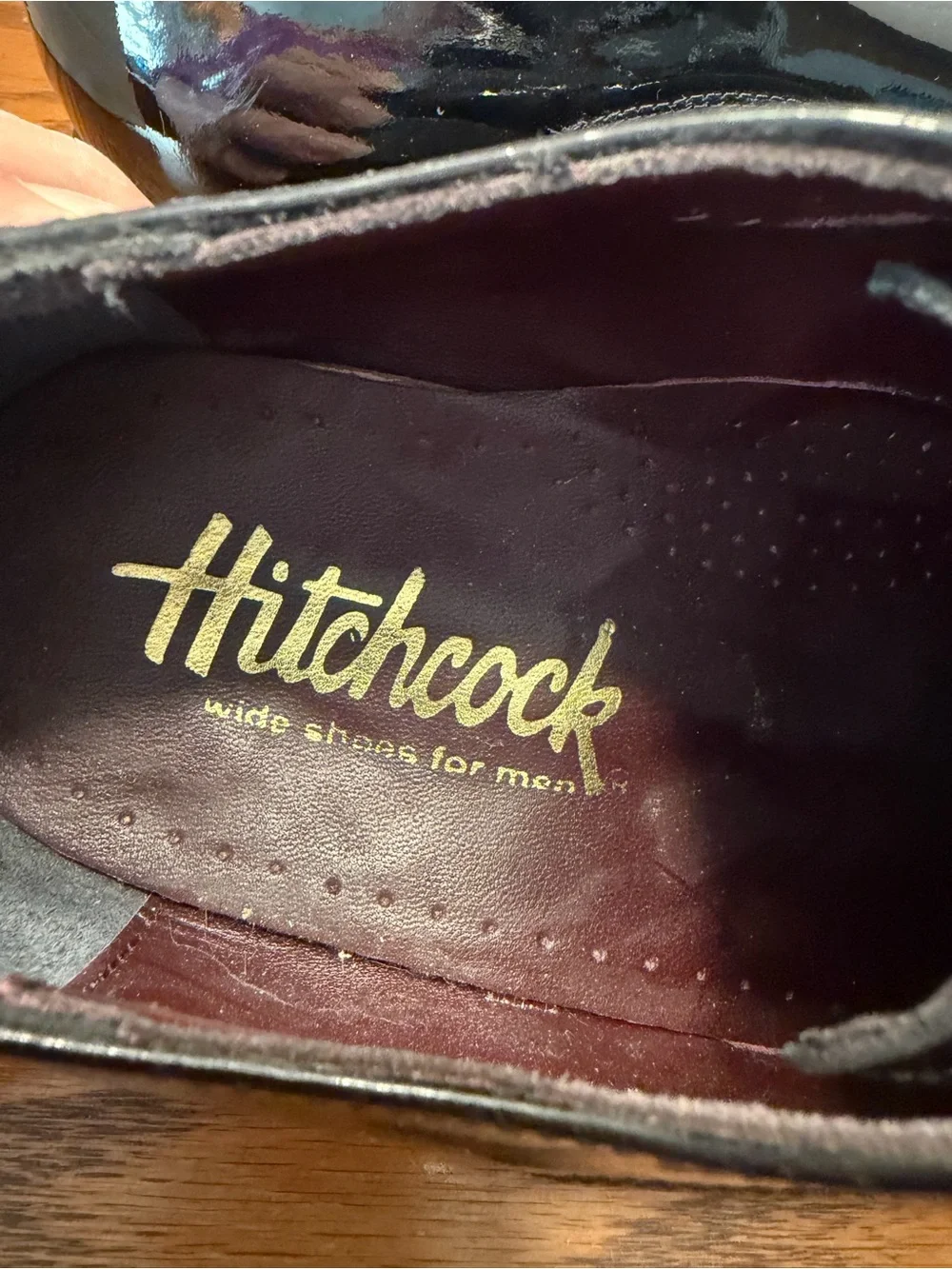 Hitchcock wide shoes for Men. Black Patent Oxford Lace-Up Dress Shoes
